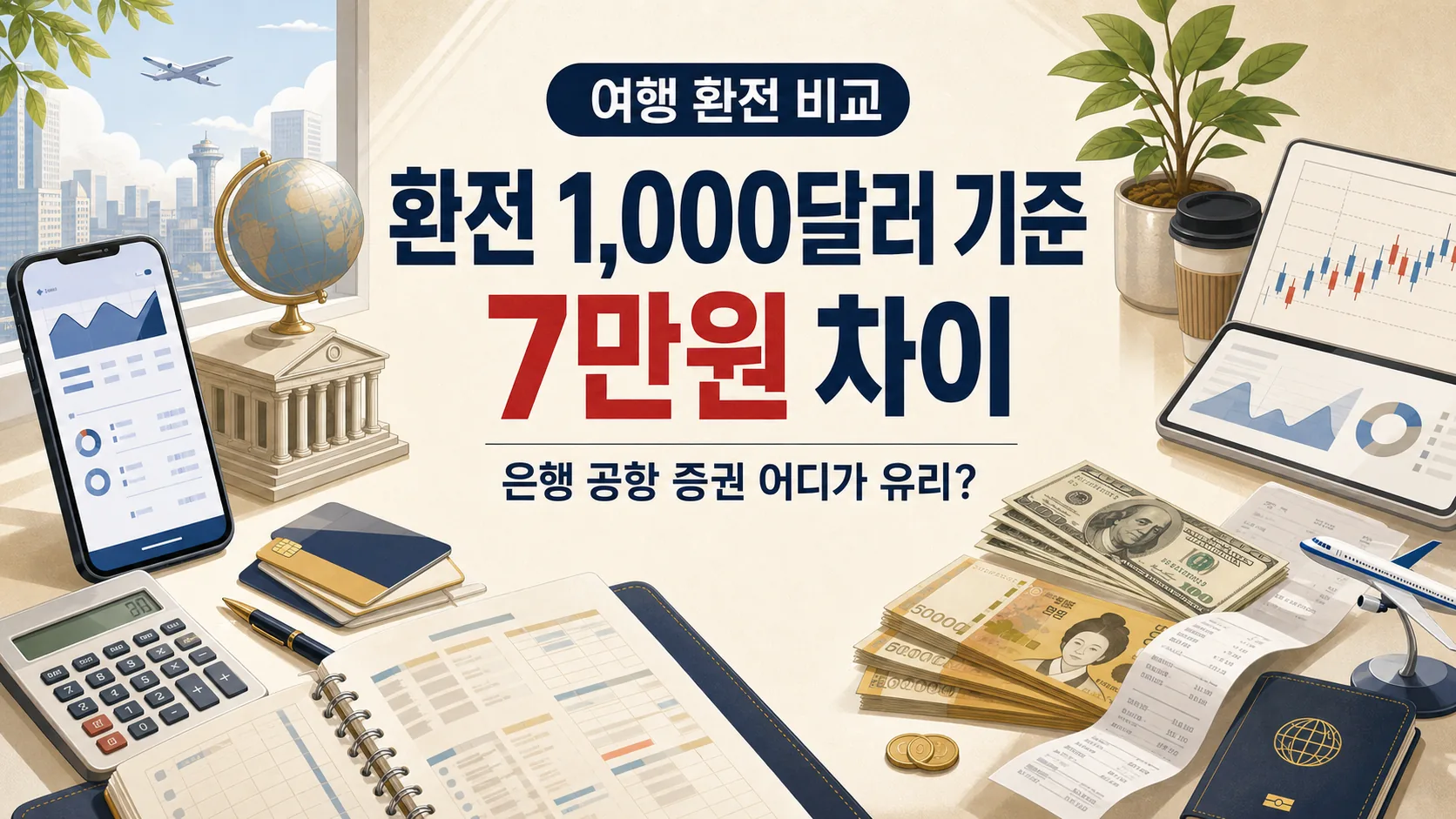 환전 1,000달러 기준 7만원 차이 — 은행 vs 공항 vs 증권 어디가 유리?