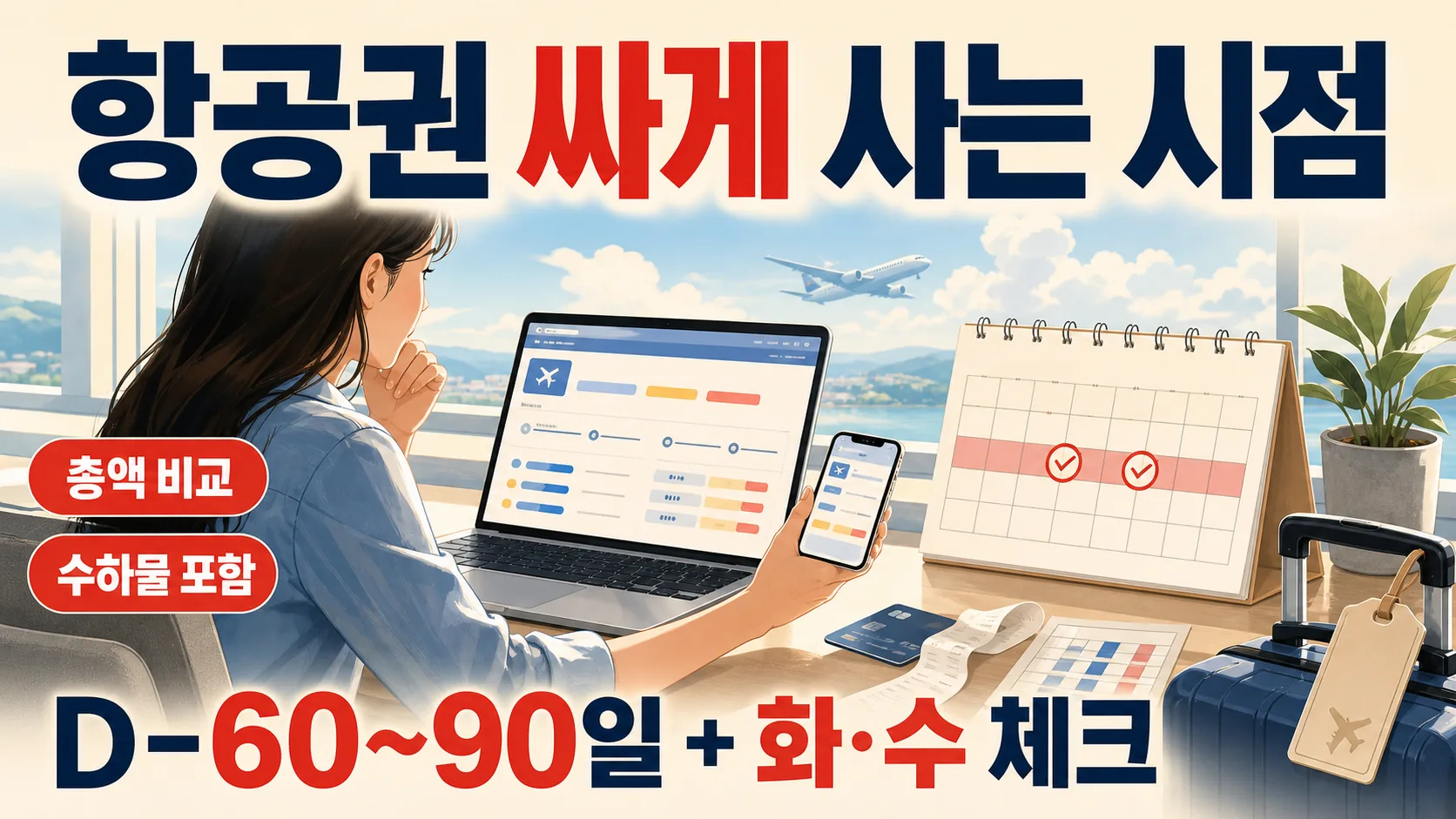 항공권 싸게 사는 시점 — 출발 **D‑60~90일 + 화·수 요일 확인 체크포인트**
